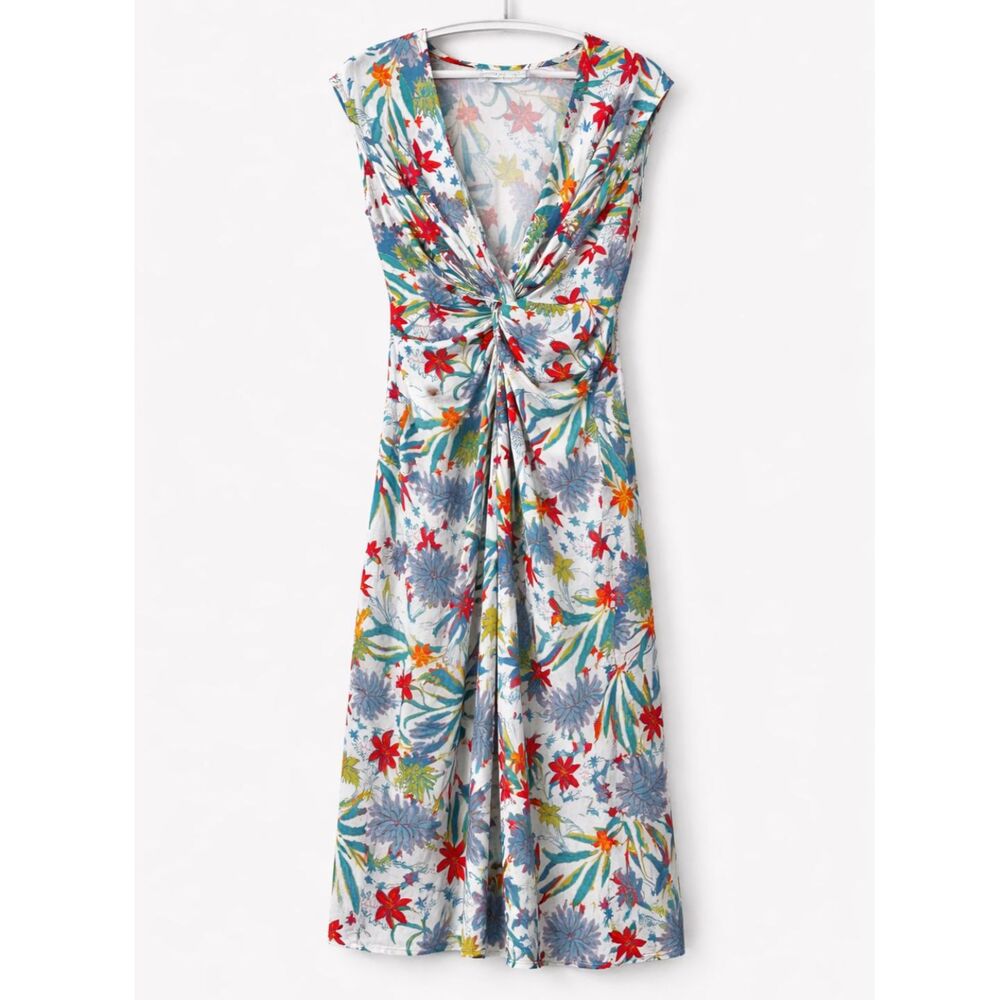 Amiani Floral Twist Front Midi Dress Tropical Print Beach Cover-Up White M‎